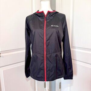 Colombia Windbreaker Jacket Black with Coral, size medium, hood, pockets